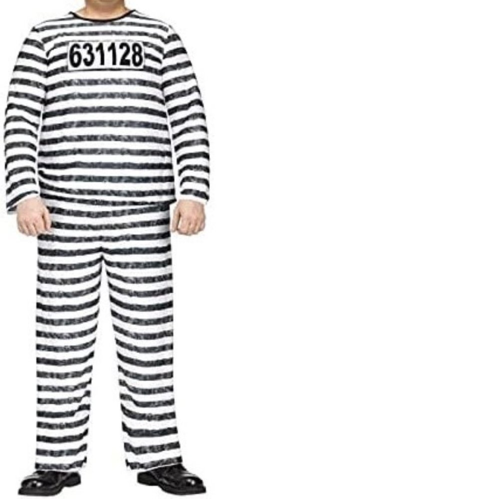 Convict Prisoner Halloween Costume OS Jailbird 3 Pc Black White Party Mens